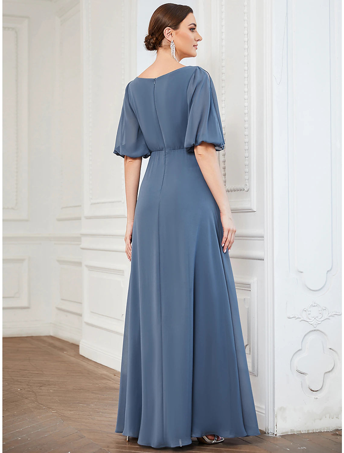 A-Line Evening Gown Minimalist Dress Wedding Guest Prom Floor Length Half Sleeve V Neck Chiffon with Pleats