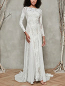 Fall November December New Pattern Wedding Dress Lace Chiffon Splicing Long Sleeves Dress