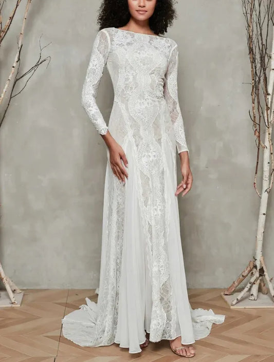 Fall November December New Pattern Wedding Dress Lace Chiffon Splicing Long Sleeves Dress