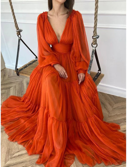 Wedding Guest Dress Formal Floor Length Long Sleeve V Neck Chiffon with Evening Dresses ﻿