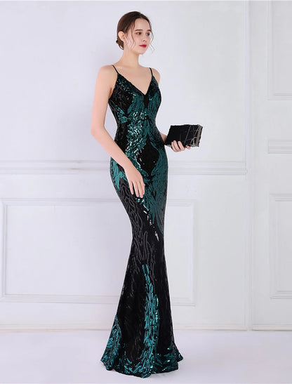 Mermaid / Trumpet Evening Gown Sparkle & Shine Dress Formal Wedding Guest Floor Length Sleeveless Spaghetti Strap Sequined with Sequin