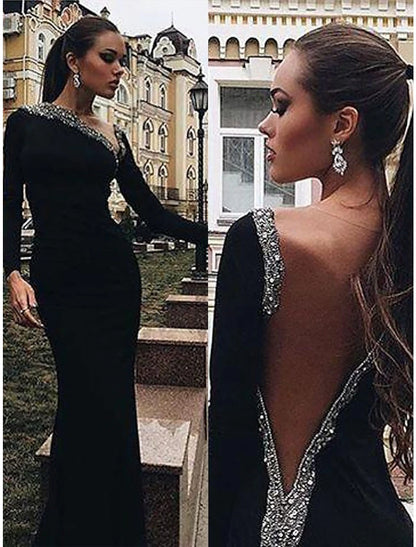 Mermaid / Trumpet Evening Gown Open Back Dress Engagement Cocktail Party Floor Length Long Sleeve V Neck Stretch Fabric with Crystals Beading