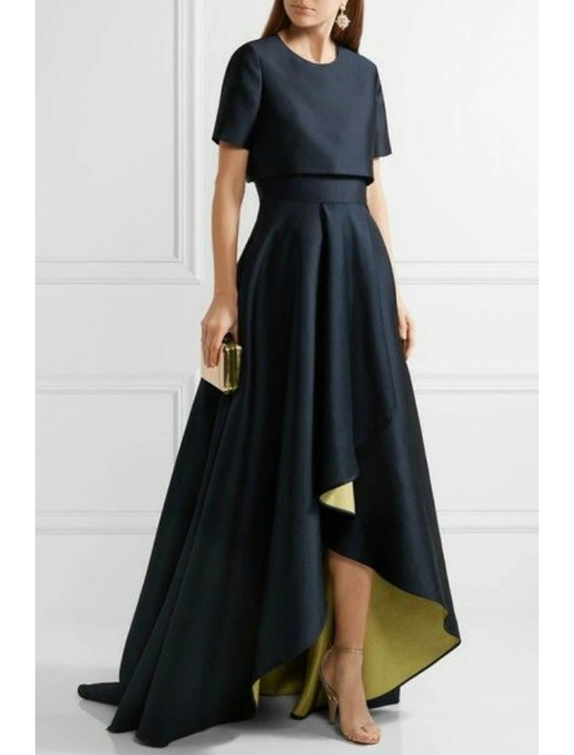 Two Piece Sheath / Column Mother of the Bride Dress Wedding Guest Church Simple Elegant High Low Jewel Neck Asymmetrical Taffeta Short Sleeve with Pleats Solid Color