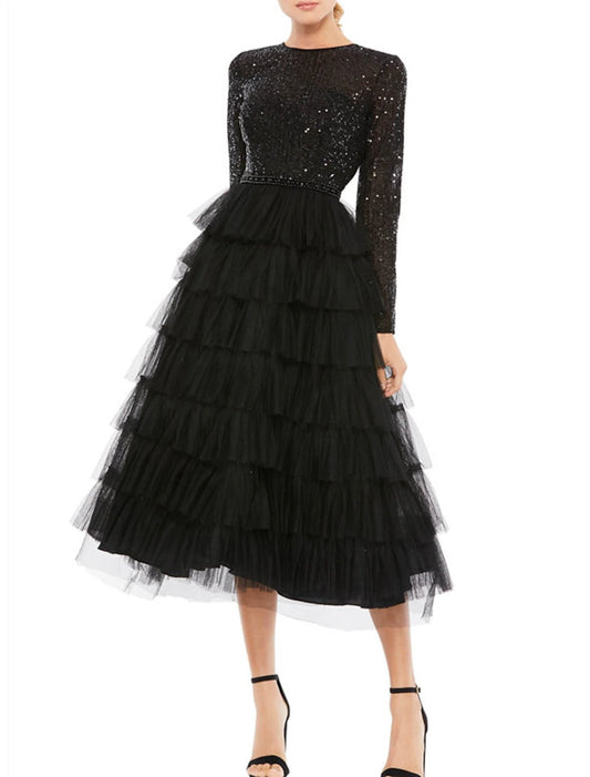 A-Line Cocktail Dresses Sparkle & Shine Dress Party Wear Wedding Guest Tea Length Long Sleeve Jewel Neck Fall Wedding Guest Tulle with Sequin Tiered