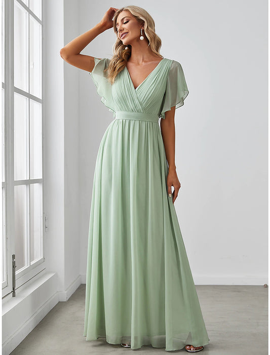 A-Line Bridesmaid Dress V Neck Short Sleeve Elegant Stretch Chiffon with Ruffles / Solid Color