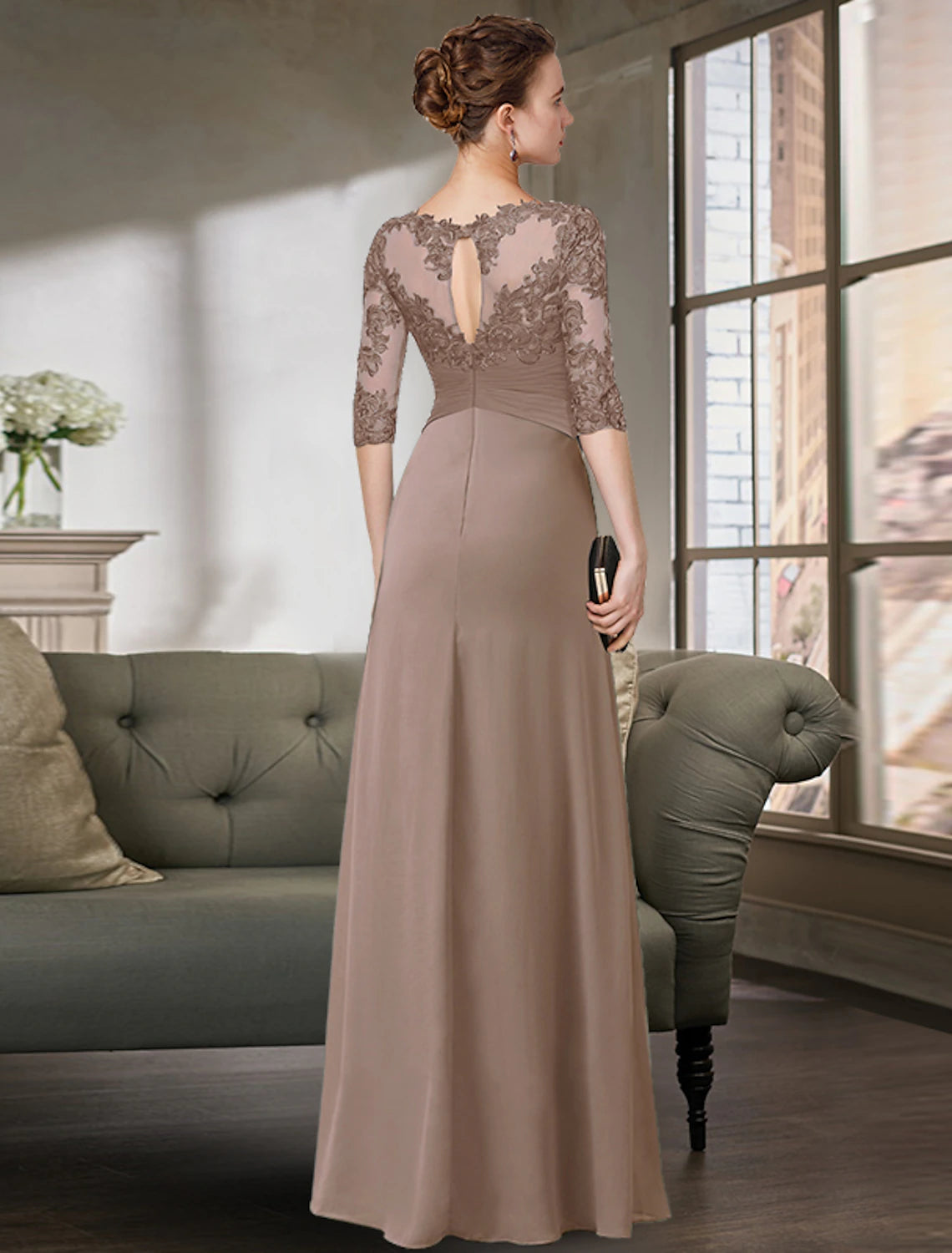 Sheath / Column Mother of the Bride Dress Simple Elegant Jewel Neck Floor Length Chiffon Lace Half Sleeve with Pleats Solid Color