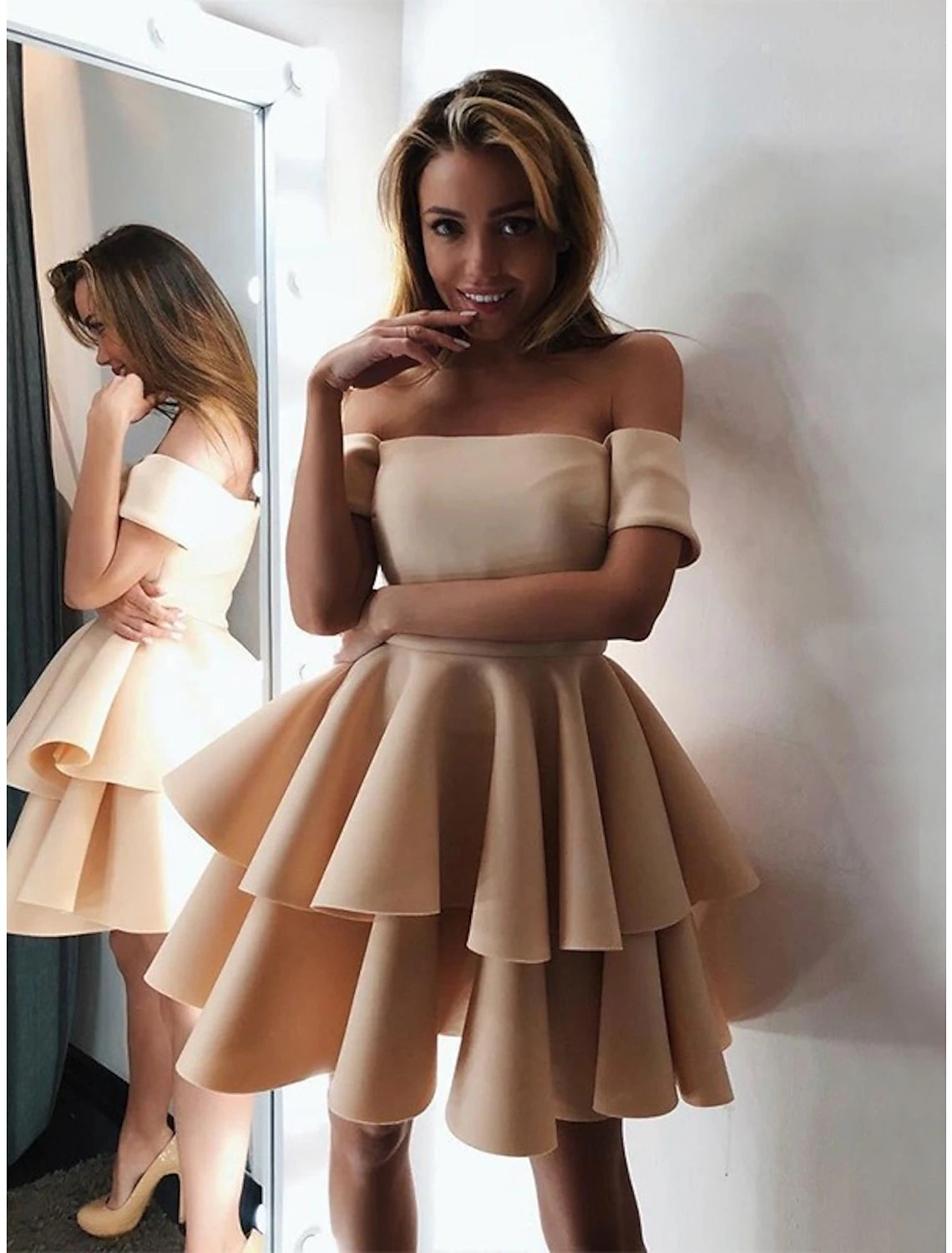 A-Line Cocktail Dresses Minimalist Dress Graduation Engagement Knee Length Short Sleeve Off Shoulder Pink Dress Satin with Tiered