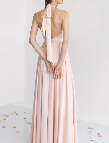 A-Line Bridesmaid Dress Halter Sleeveless Pink Floor Length Stretch Satin with Ruching / Solid Color