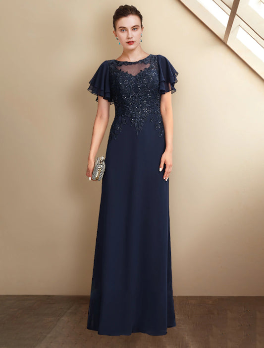 A-Line Mother of the Bride Dress Plus Size Elegant Jewel Neck Floor Length Chiffon Lace Short Sleeve with Sequin Appliques