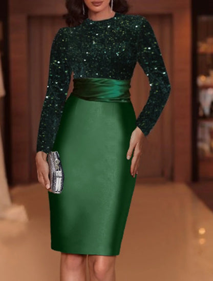 Sheath / Column Evening Gown Elegant Dress Christmas Knee Length Long Sleeve High Neck Satin with Sequin