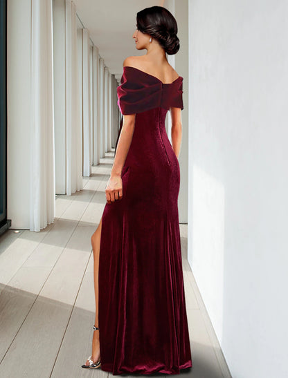 Sheath / Column Evening Gown Elegant Dress Wedding Guest Cocktail Party Floor Length Sleeveless V Neck Velvet with Pleats Ruffles