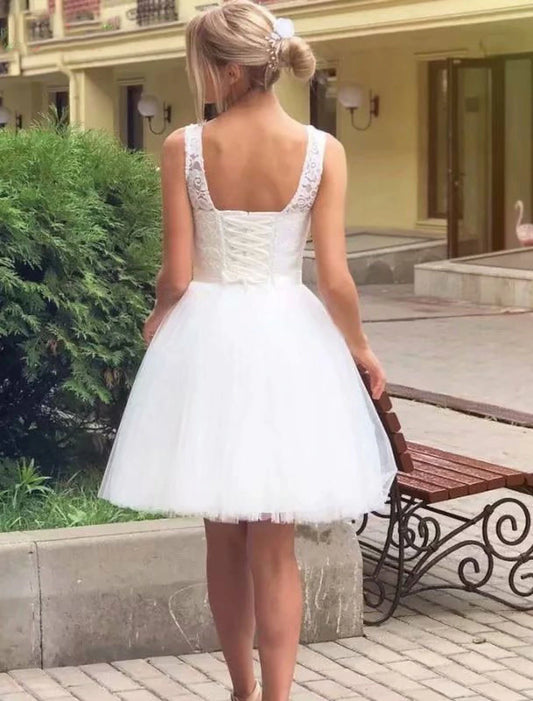 Reception Little White Dresses Wedding Dresses A-Line Scoop Neck Sleeveless Knee Length Lace Bridal Gowns With Appliques Solid Color