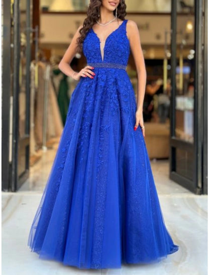 A-Line Prom Dresses Elegant Dress Formal Floor Length Sleeveless V Neck Tulle with Pleats Sequin Appliques