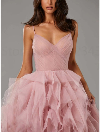 A-Line Prom Dresses Elegant Dress Formal Floor Length Sleeveless Spaghetti Strap Tulle with Pleats Ruffles