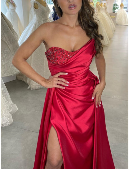 A-Line Evening Gown Elegant Dress Formal Christmas Red Green Dress Sweep / Brush Train Sleeveless Strapless Satin with Pleats Ruched Beading