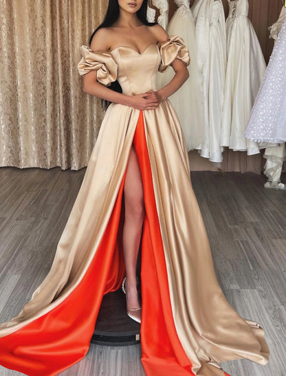 A-Line Color Block Sexy High Split Formal Evening Dress Off Shoulder Short Sleeve Court Train Charmeuse with Slit Splicing