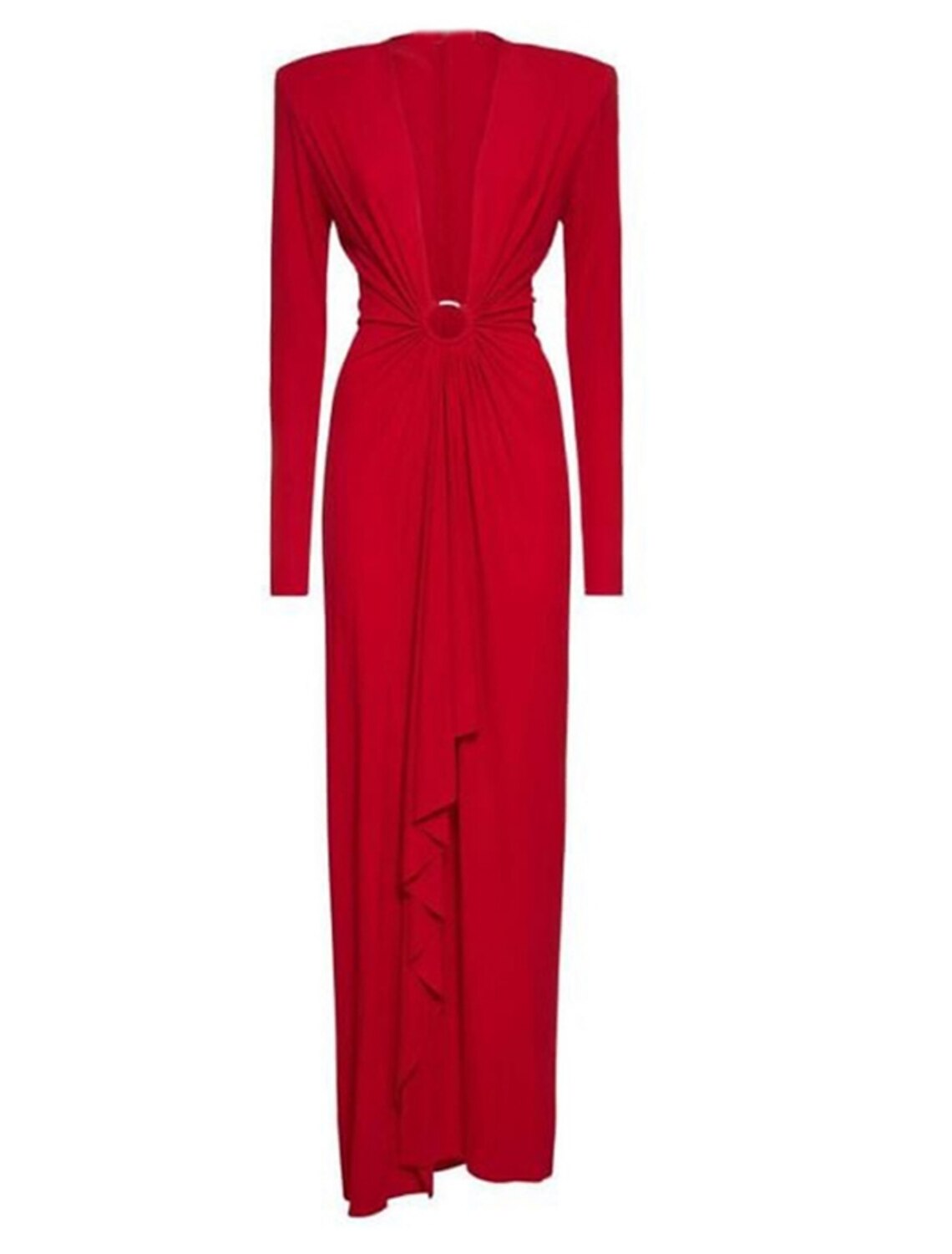 Sheath / Column Evening Gown Elegant Dress Formal Ankle Length Christmas Red Green Dress Long Sleeve V Neck Stretch Chiffon with Pleats Slit