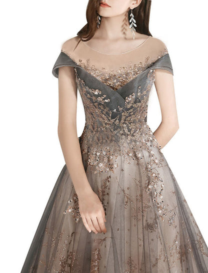 A-Line Bridesmaid Dress Jewel Neck Short Sleeve Beautiful Back Floor Length Tulle with Crystals / Bandage