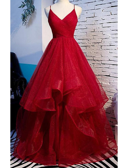 A-Line Prom Dresses Sparkle & Shine Dress Party Wear Wedding Guest Floor Length Sleeveless Spaghetti Strap Tulle with Ruffles