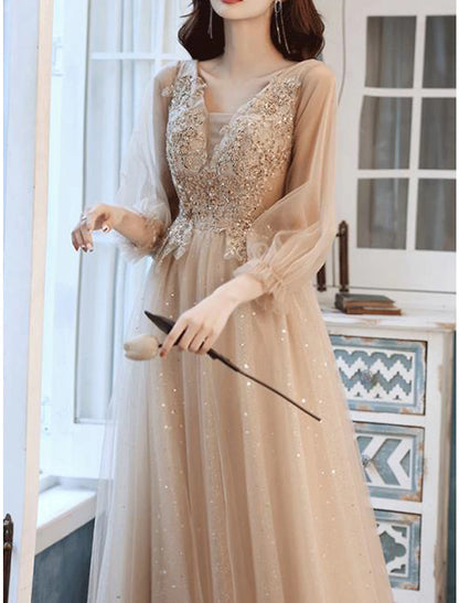 A-Line Bridesmaid Dress V Neck Long Sleeve Elegant Tea Length Lace / Tulle with Beading / Appliques