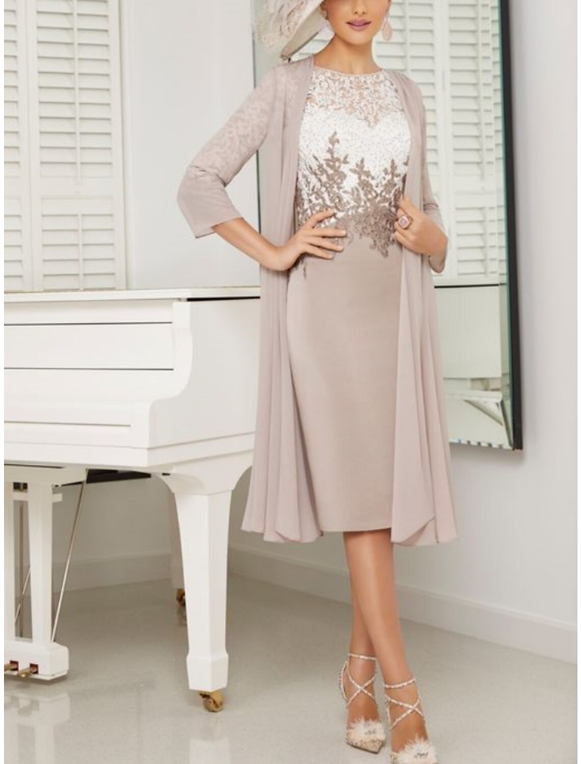 Two Piece Sheath / Column Mother of the Bride Dress Wedding Guest Elegant Petite Scoop Neck Knee Length Chiffon Lace 3/4 Length Sleeve with Ruching