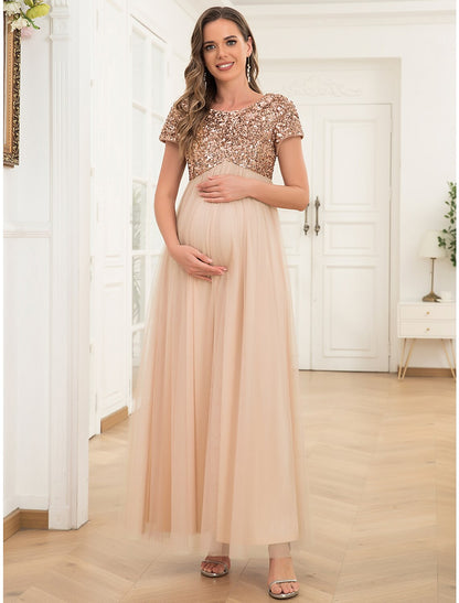 A-Line Party Dresses Maternity Dress Party Wear Wedding Guest Ankle Length Short Sleeve Jewel Neck Tulle with Sequin