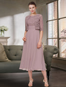 Two Piece Mother of the Bride Dress Wedding Guest Elegant Jewel Neck Tea Length Chiffon Lace Half Sleeve with Solid Color