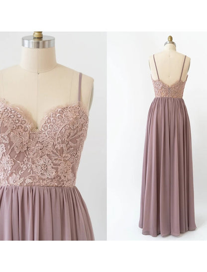 A-Line Bridesmaid Dress V Neck Sleeveless Open Back Floor Length Chiffon with Pleats