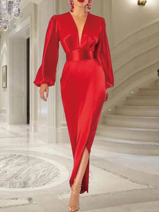 Christmas Party Dress Red Deep V Neck Long Sleeves Satin Waist Atmosphere Dress