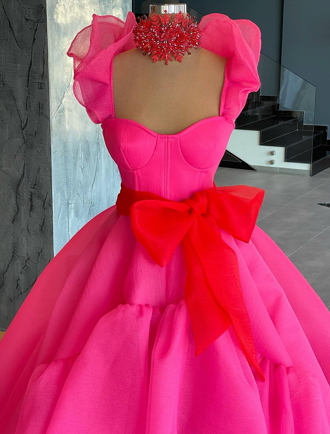 Ball Gown Evening Gown High Low Dress Quinceanera Asymmetrical Sleeveless Square Neck Organza with Bow(s) Ruffles