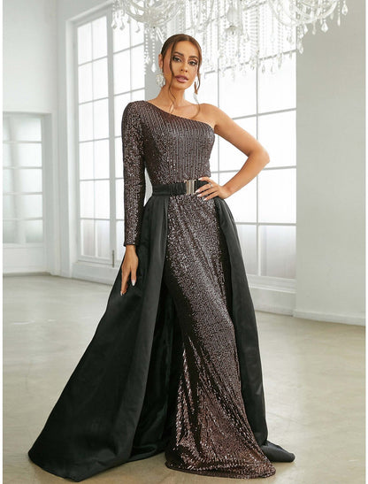 A-Line Evening Gown Elegant Dress Formal Sweep / Brush Train Long Sleeve One Shoulder Sequined with Glitter Pleats