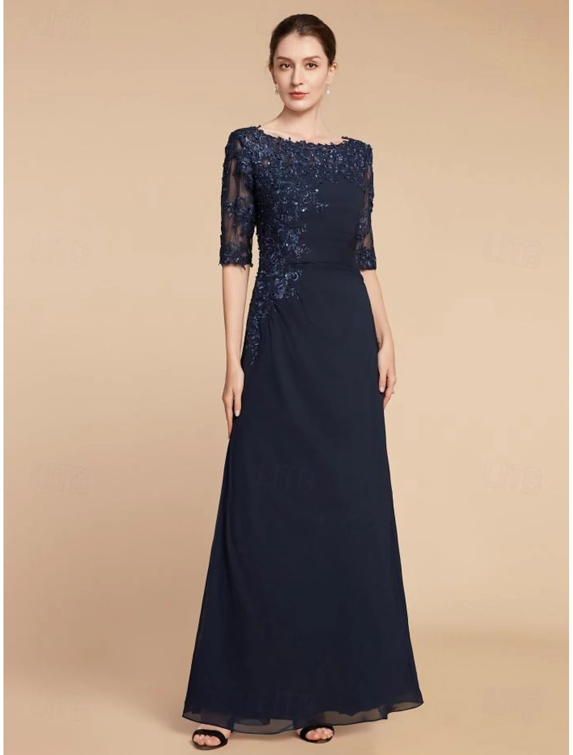 Column Wedding Guest Elegant Scoop Neck Ankle Length Chiffon Lace Half Sleeve with Sequin Solid Color Mother of the Bride Dress&nbsp;