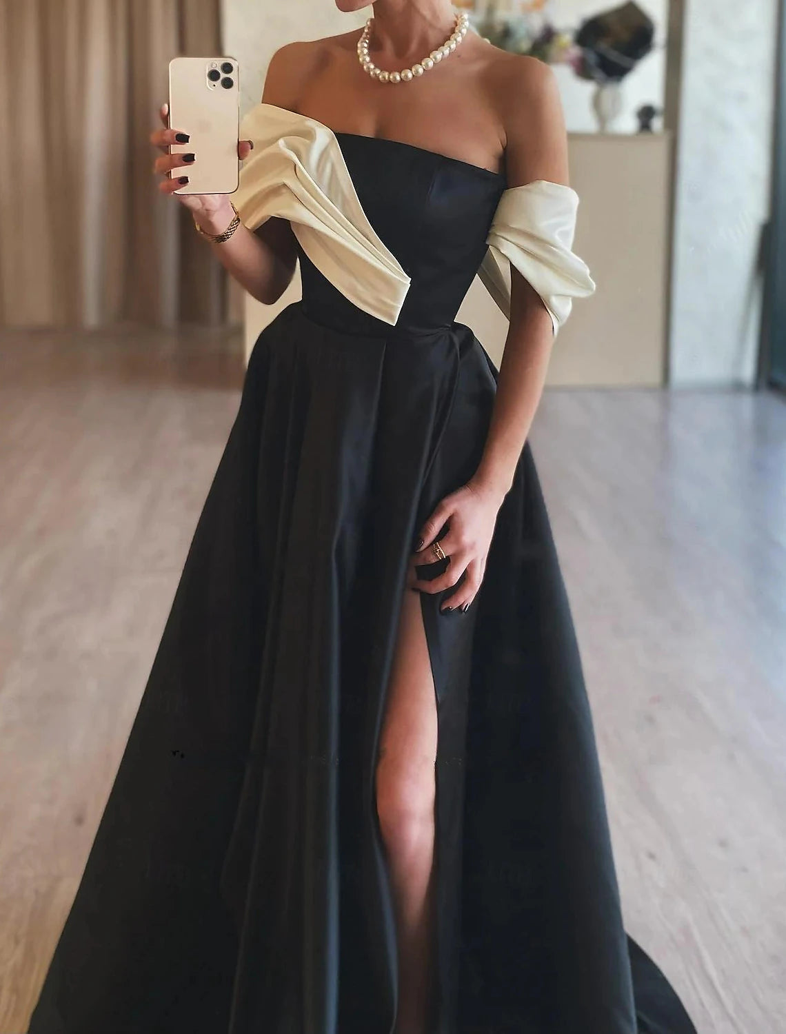 Gown Elegant Formal Prom Floor Length Sleeveless Off Shoulder Satin with Ruched Slit Evening Dress