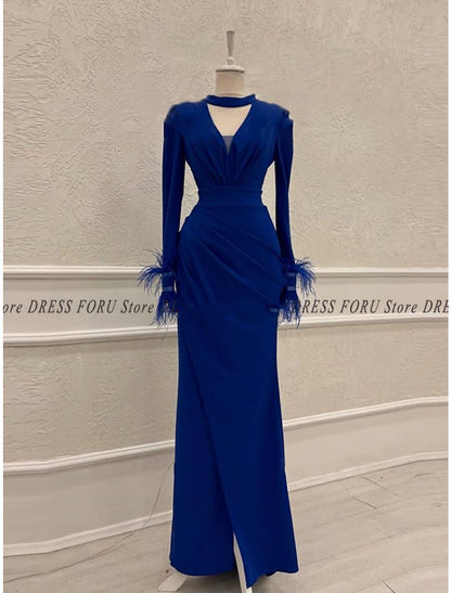 Sheath / Column Evening Gown Elegant Dress Formal Christmas Red Green Dress Ankle Length Long Sleeve V Neck Stretch Chiffon with Feather Ruched Slit