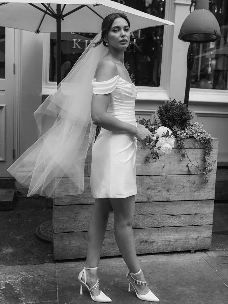 Wedding Dress Off-the-Shoulder Short Satin Cowl Neck Simple Formal With Slit