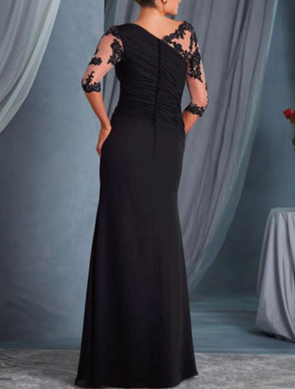 A-Line Mother of the Bride Dress Fall Wedding Guest Long Dresses Plus Size Scoop Neck Floor Length Chiffon Lace Half Sleeve with Draping Appliques