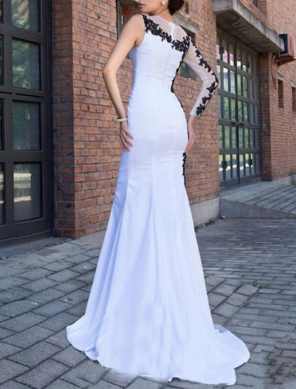 Mermaid / Trumpet Evening Gown Color Block Dress Formal Wedding Guest Court Train Long Sleeve One Shoulder Stretch Fabric with Appliques