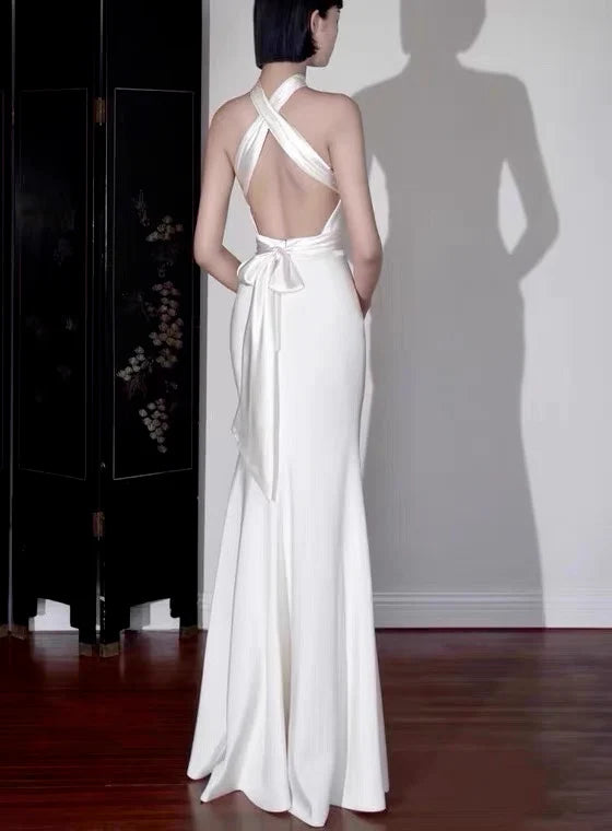 Wedding Dress Halter A Line White Satin Long Backless Elegant Formal Dresses