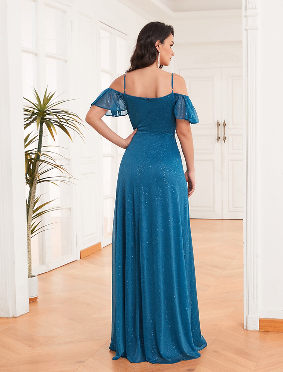 New Off Shoulder A-Line Side Split Sparkle Chiffon Bridesmaid Dress Adjustable Spaghetti Strap Ruffle Plus Size Evening Dress