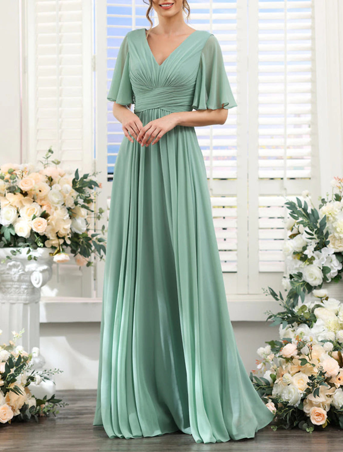 A-Line Bridesmaid Dress V Neck Short Sleeve Elegant Floor Length Chiffon with Split Front