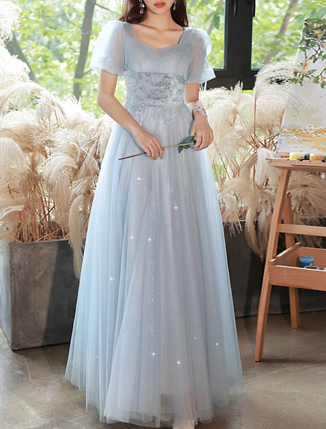 A-Line Evening Gown Sparkle & Shine Dress Party Dress Valentine‘s Day Floor Length Short Sleeve Sweetheart Tulle with Beading Tiered