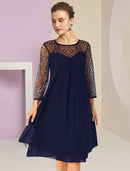 A-Line Mother of the Bride Dress Formal Wedding Guest Elegant Scoop Neck Knee Length Lace 3/4 Length Sleeve with Sequin