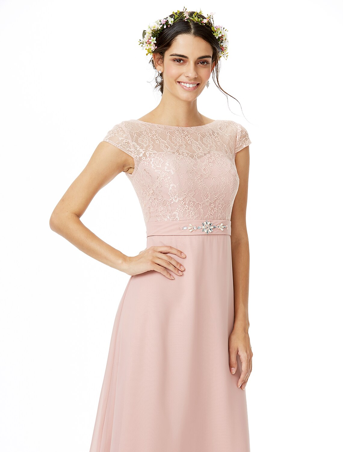 Sheath / Column Bridesmaid Dress Bateau Neck Short Sleeve Elegant Floor Length Chiffon / Lace with Lace / Sash / Ribbon / Bow(s)