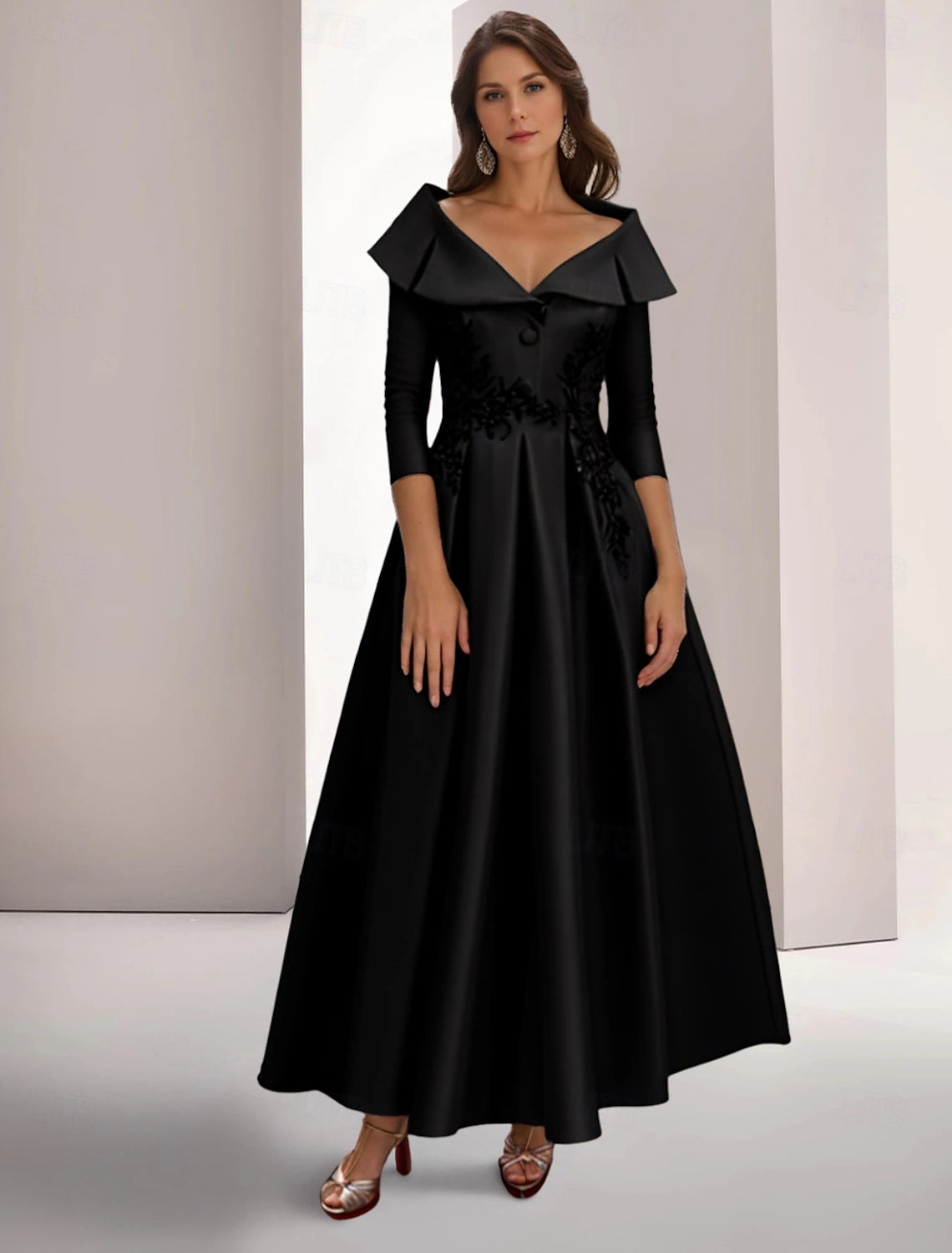 Evening Dress A-Line Gown Embroidered Vintage Christmas Dress Formal Floor Length 3/4 Length Sleeve Shirt Collar Satin Appliques Elegant Fall November December Wedding Guest Dress