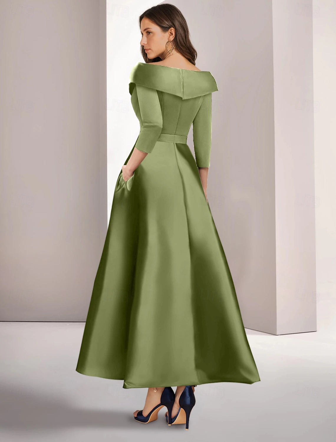 Evening Dress A-Line Gown Embroidered Vintage Christmas Dress Formal Floor Length 3/4 Length Sleeve Shirt Collar Satin Appliques Elegant Fall November December Wedding Guest Dress