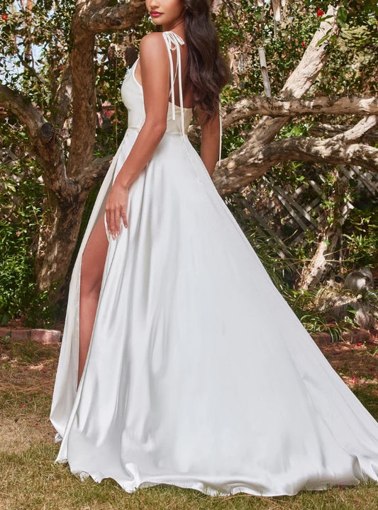 Wedding Dress November December Wedding A-Line Satin Gown Cowl Neck Bodice Delicate Spaghetti Straps Open Back Floor Length Skirt Side Leg Slit Sweep train Back Zipper Dress