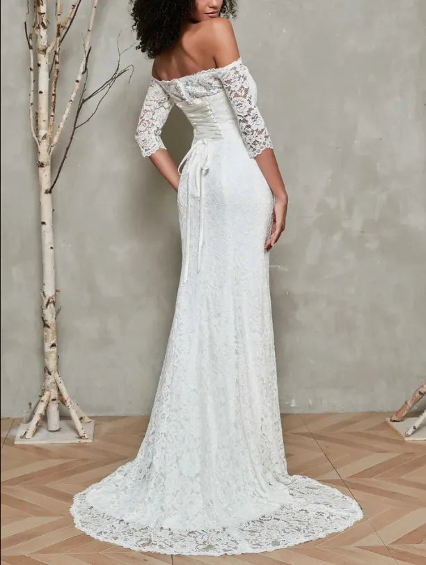 Fall November December New Pattern Wedding Dress Off Shoulder Lace Up Back Half Sleeve Dress