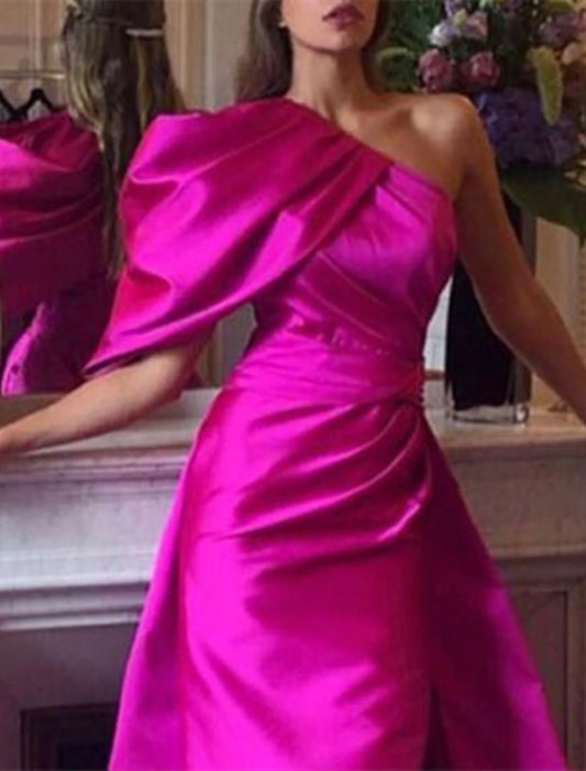 Mermaid / Trumpet Evening Gown Hot Pink Dress Party Dress For Carnival Court Train Sleeveless One Shoulder Fall Wedding Reception Satin with Ruched Slit