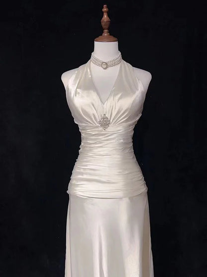 Wedding Dress A Line V Neck Halter Satin Ruched Long Fashion Personality Formal Dresses