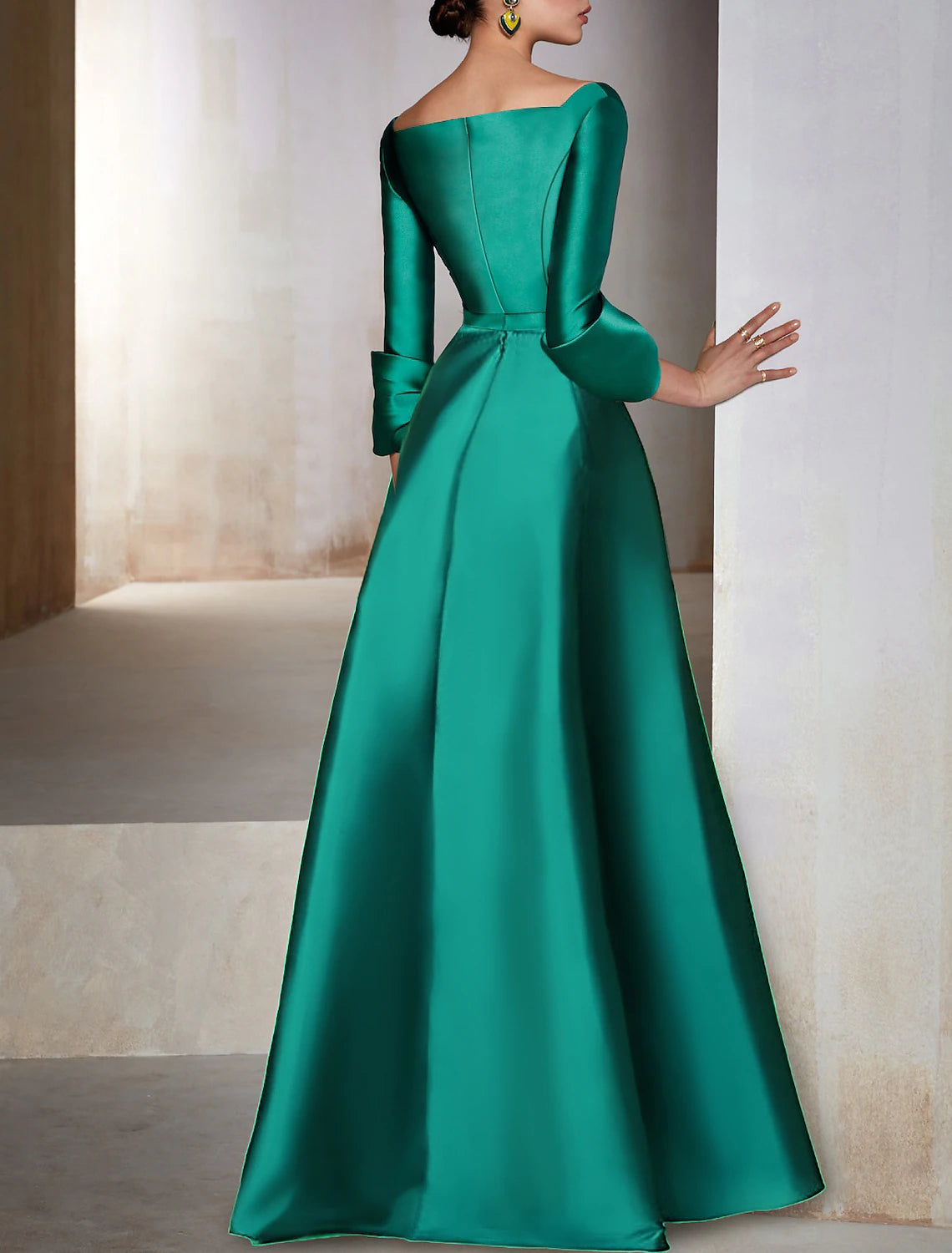 A-Line Evening Gown Elegant Dress Formal Wedding Guest Floor Length 3/4 Length Sleeve V Neck Satin with Bow(s)